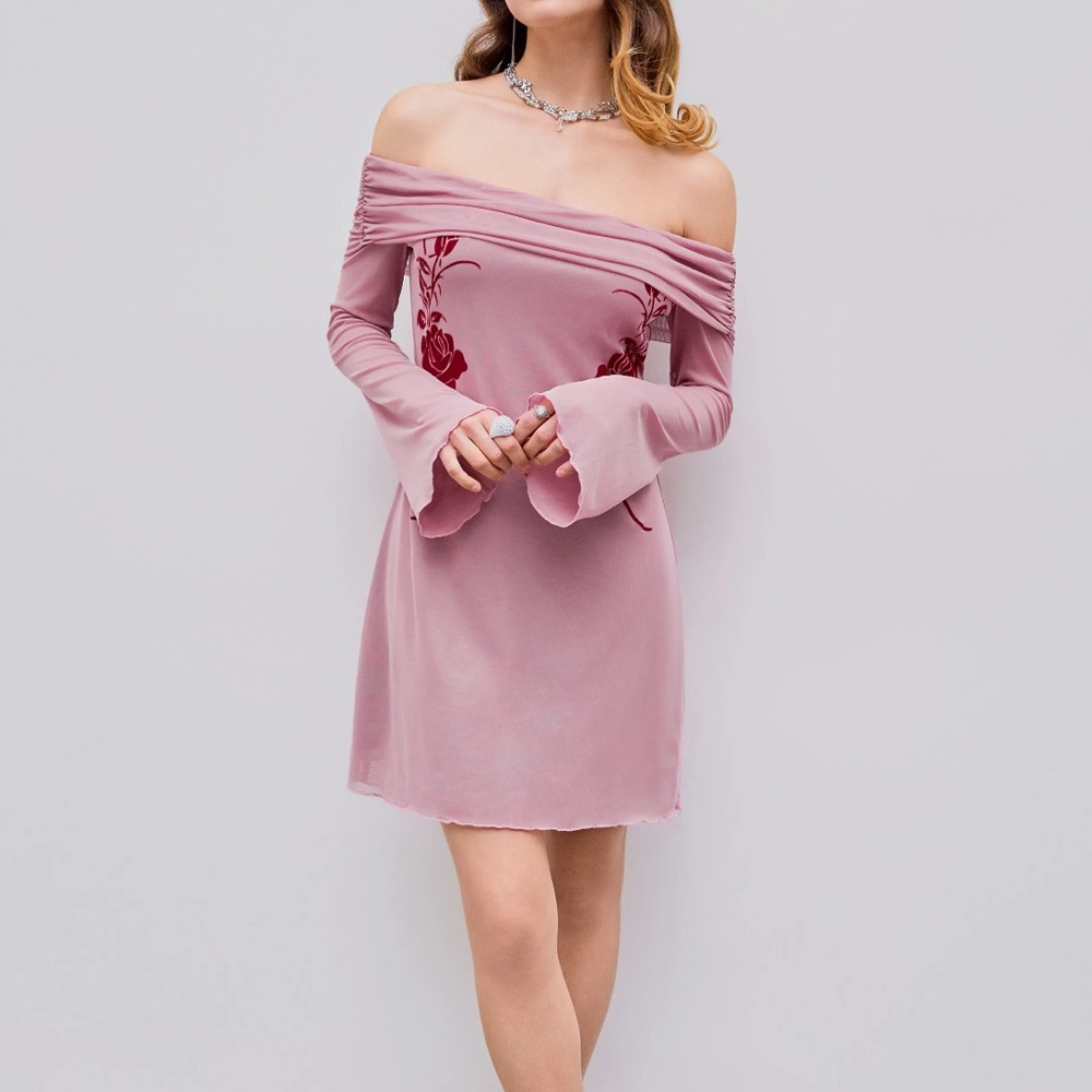 Cider Pink Mesh Off Shoulder Rose Mini Lana Y2K Dress Flare 90s Size XXS